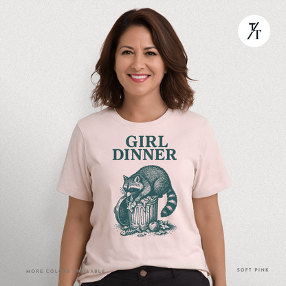 Girl Dinner: Raccoon Scavenging Trash, Vintage Woodcut Style Illustration, Teal and Black Contrast Artwork- Graphic T-shirt