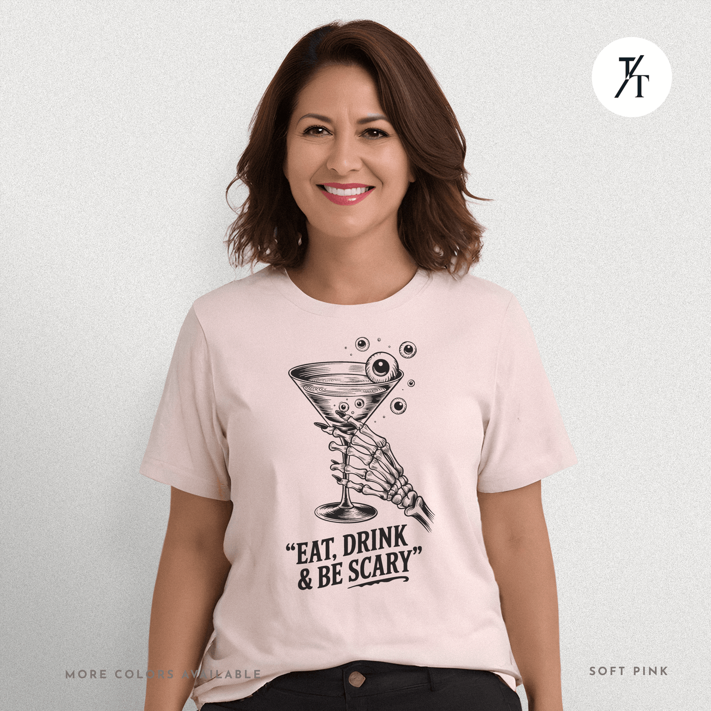 Eat, Drink & Be Scary Tee – Funny Skeleton Halloween Cocktail Shirt