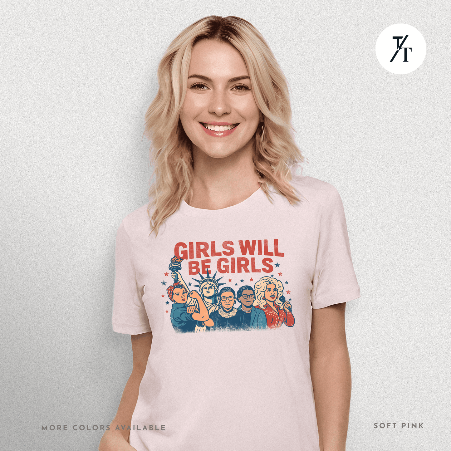 Girls Will Be Girls summer patriotic graphic tee – empowering retro feminist shirt 👊 for the 4th of July