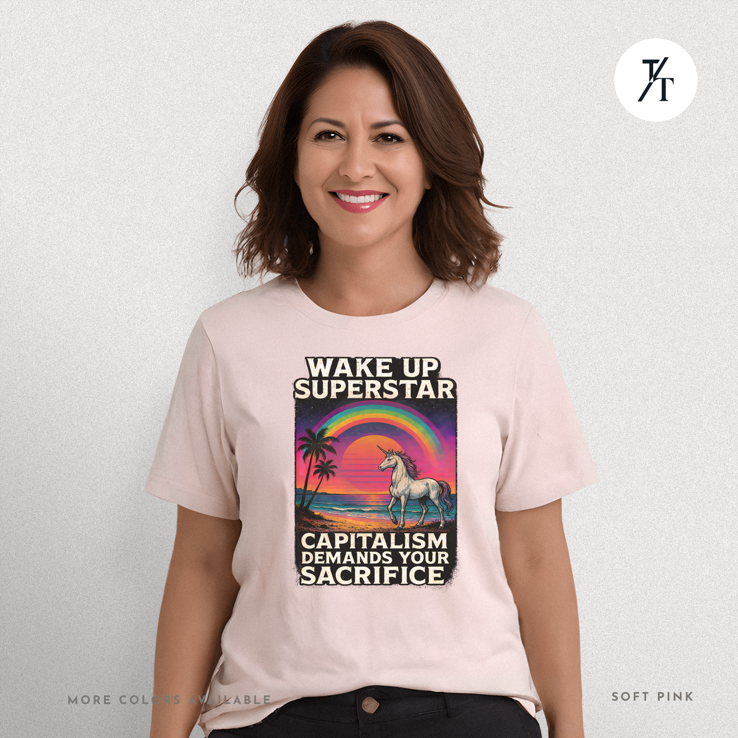 Capitalist Dreamscape: Retro Unicorn Beach, Satirical 80s Graphic Design- Graphic T-shirt