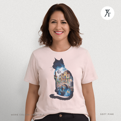 Moonlit Venice Cat Tee – Artistic Nightscape Silhouette Shirt