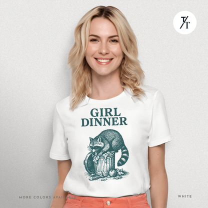 Girl Dinner: Raccoon Scavenging Trash, Vintage Woodcut Style Illustration, Teal and Black Contrast Artwork- Graphic T-shirt