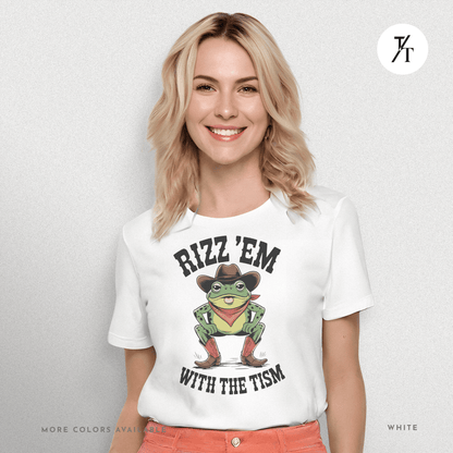 Rizz ’Em With the Tism T-Shirt – Cowboy Frog Neurodivergent Meme Tee