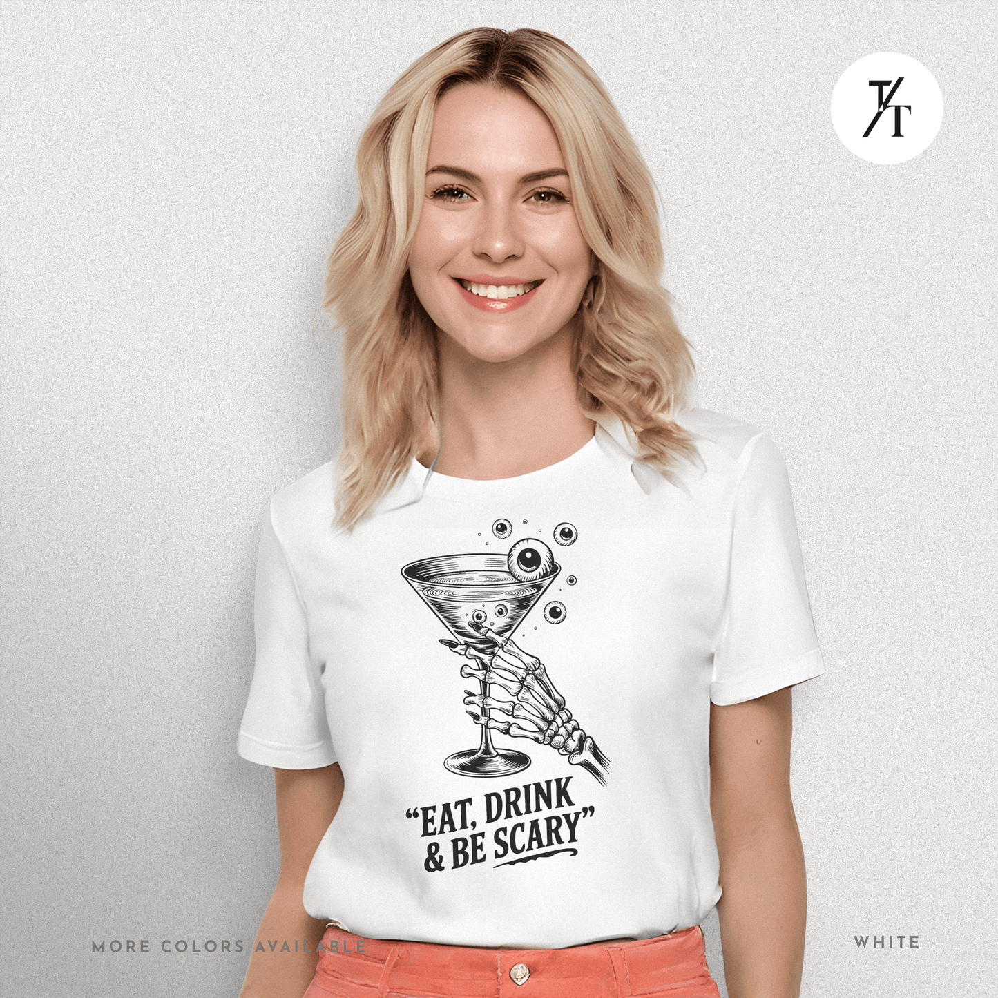Eat, Drink & Be Scary Tee – Funny Skeleton Halloween Cocktail Shirt