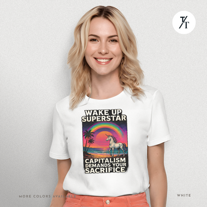 Capitalist Dreamscape: Retro Unicorn Beach, Satirical 80s Graphic Design- Graphic T-shirt