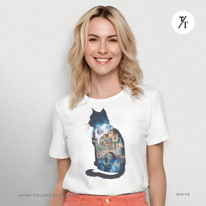 Moonlit Venice Cat Tee – Artistic Nightscape Silhouette Shirt