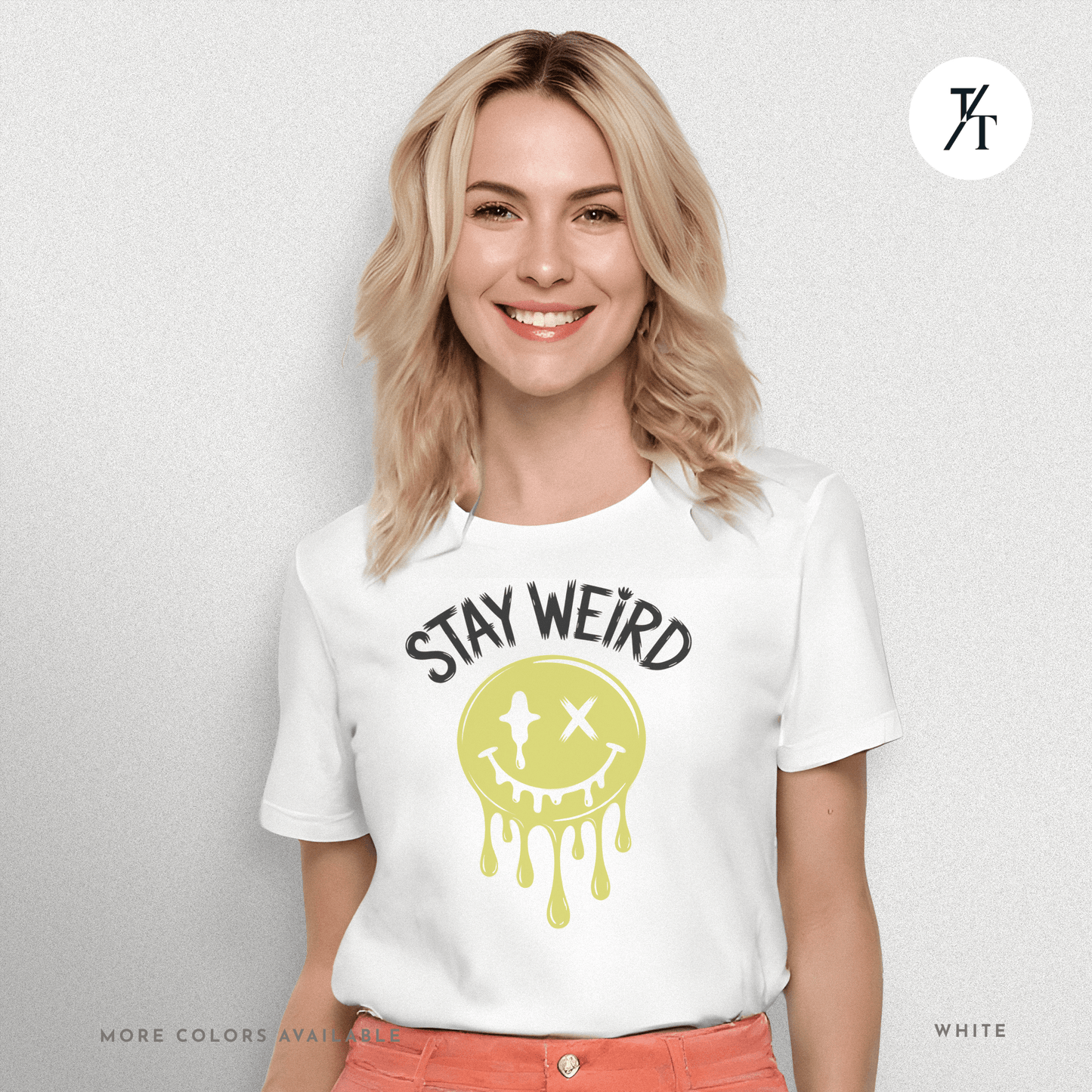 "Stay Weird" Drippy Face Tee, Melting Optimism: Distorted Smiley Face Graphic  Alt Vibe StatementT-shirt
