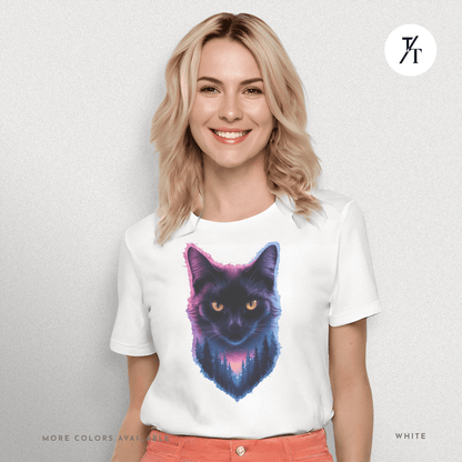 Cosmic Cat Tee – Galactic Forest Nightfall Shirt with Feline Vibes