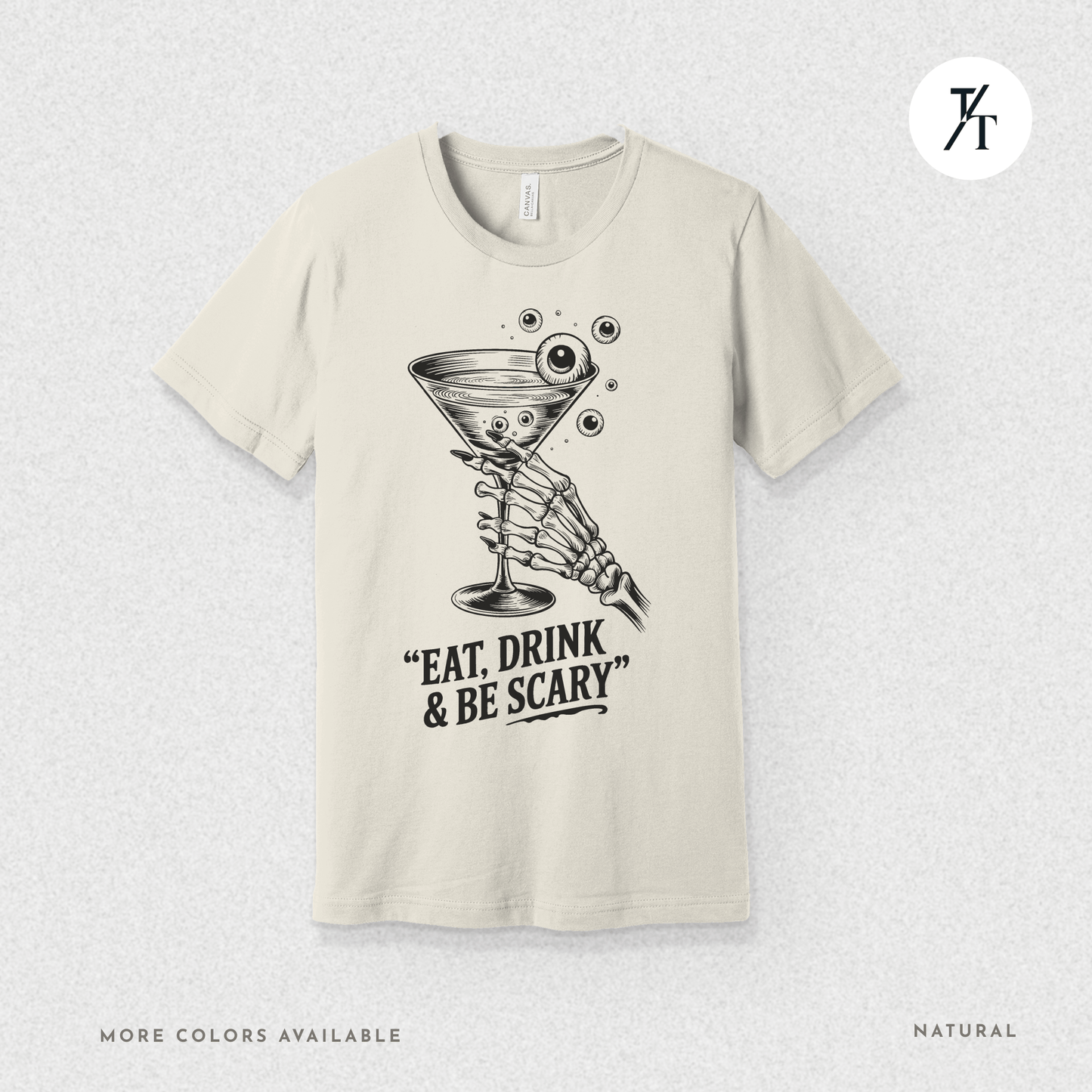 Eat, Drink & Be Scary Tee – Funny Skeleton Halloween Cocktail Shirt