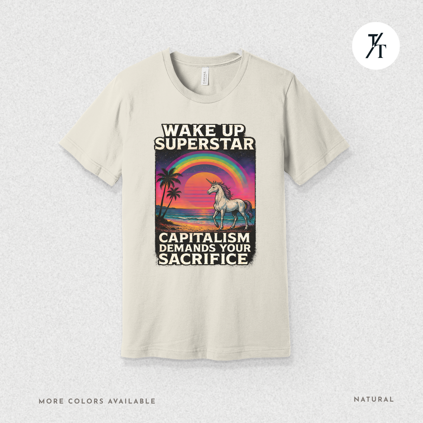 Capitalist Dreamscape: Retro Unicorn Beach, Satirical 80s Graphic Design- Graphic T-shirt