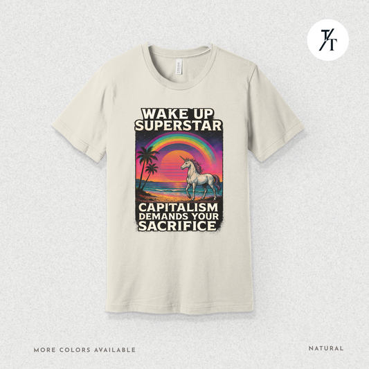 Capitalist Dreamscape: Retro Unicorn Beach, Satirical 80s Graphic Design- Graphic T-shirt