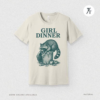 Girl Dinner: Raccoon Scavenging Trash, Vintage Woodcut Style Illustration, Teal and Black Contrast Artwork- Graphic T-shirt