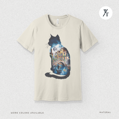 Moonlit Venice Cat Tee – Artistic Nightscape Silhouette Shirt