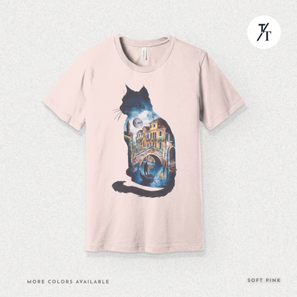 Moonlit Venice Cat Tee – Artistic Nightscape Silhouette Shirt