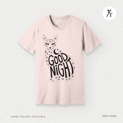 Goodnight Cat Tee – Minimalist Black Cat Moon Silhouette Shirt