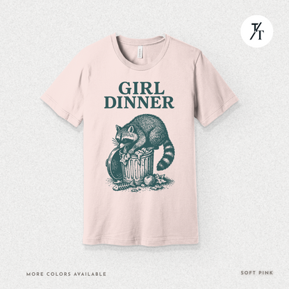 Girl Dinner: Raccoon Scavenging Trash, Vintage Woodcut Style Illustration, Teal and Black Contrast Artwork- Graphic T-shirt