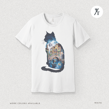 Moonlit Venice Cat Tee – Artistic Nightscape Silhouette Shirt