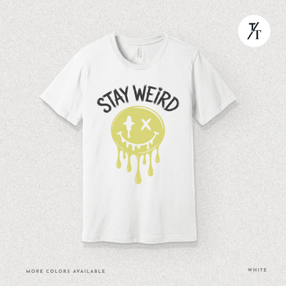 "Stay Weird" Drippy Face Tee, Melting Optimism: Distorted Smiley Face Graphic  Alt Vibe StatementT-shirt