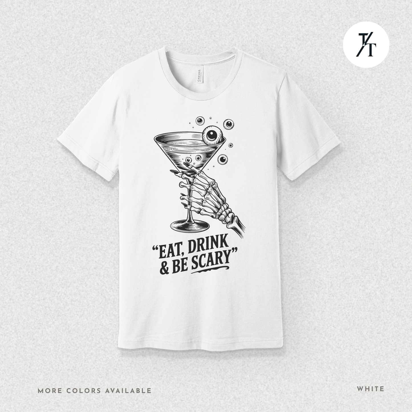 Eat, Drink & Be Scary Tee – Funny Skeleton Halloween Cocktail Shirt