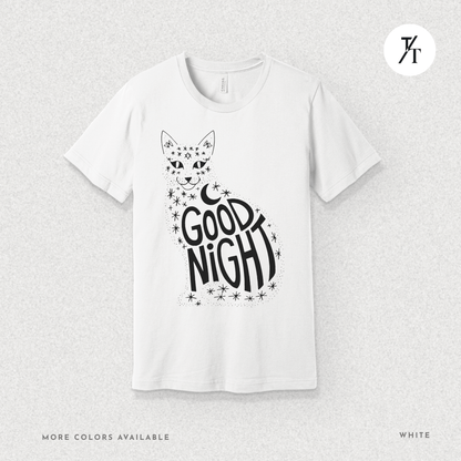 Goodnight Cat Tee – Minimalist Black Cat Moon Silhouette Shirt