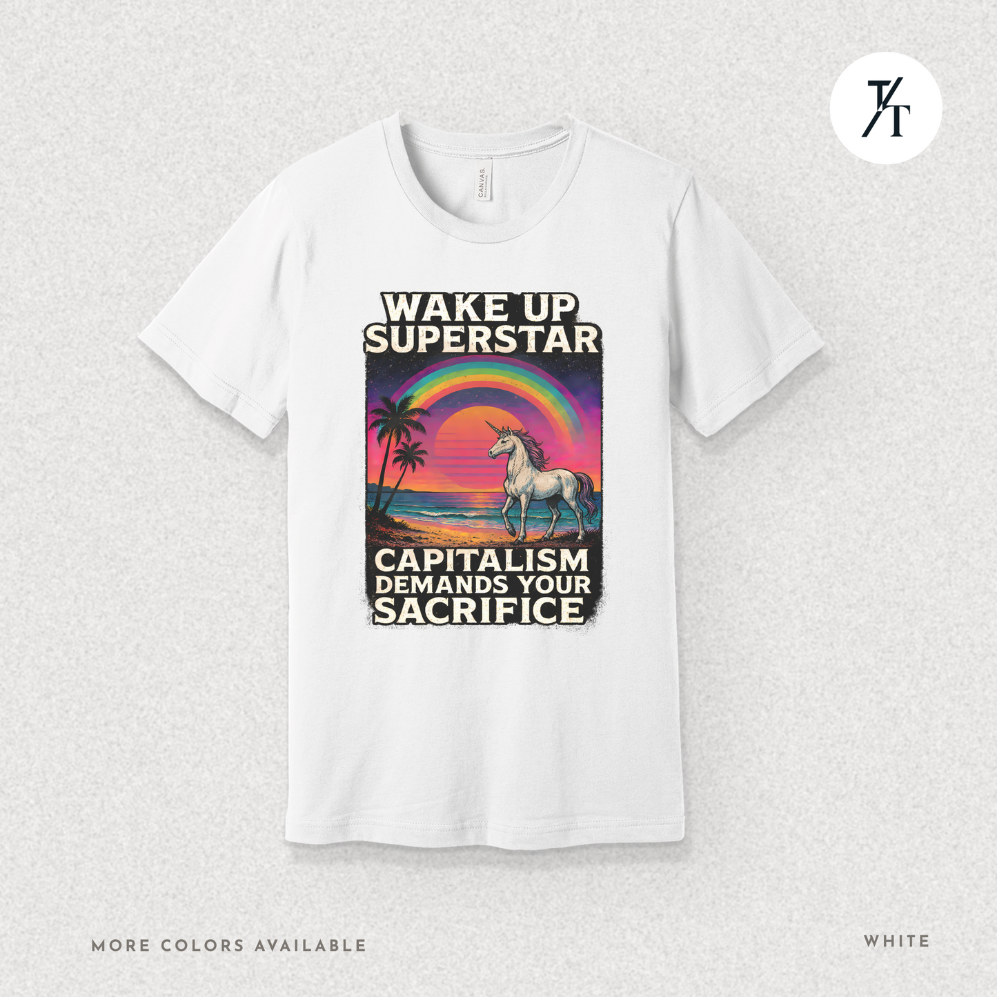 Capitalist Dreamscape: Retro Unicorn Beach, Satirical 80s Graphic Design- Graphic T-shirt
