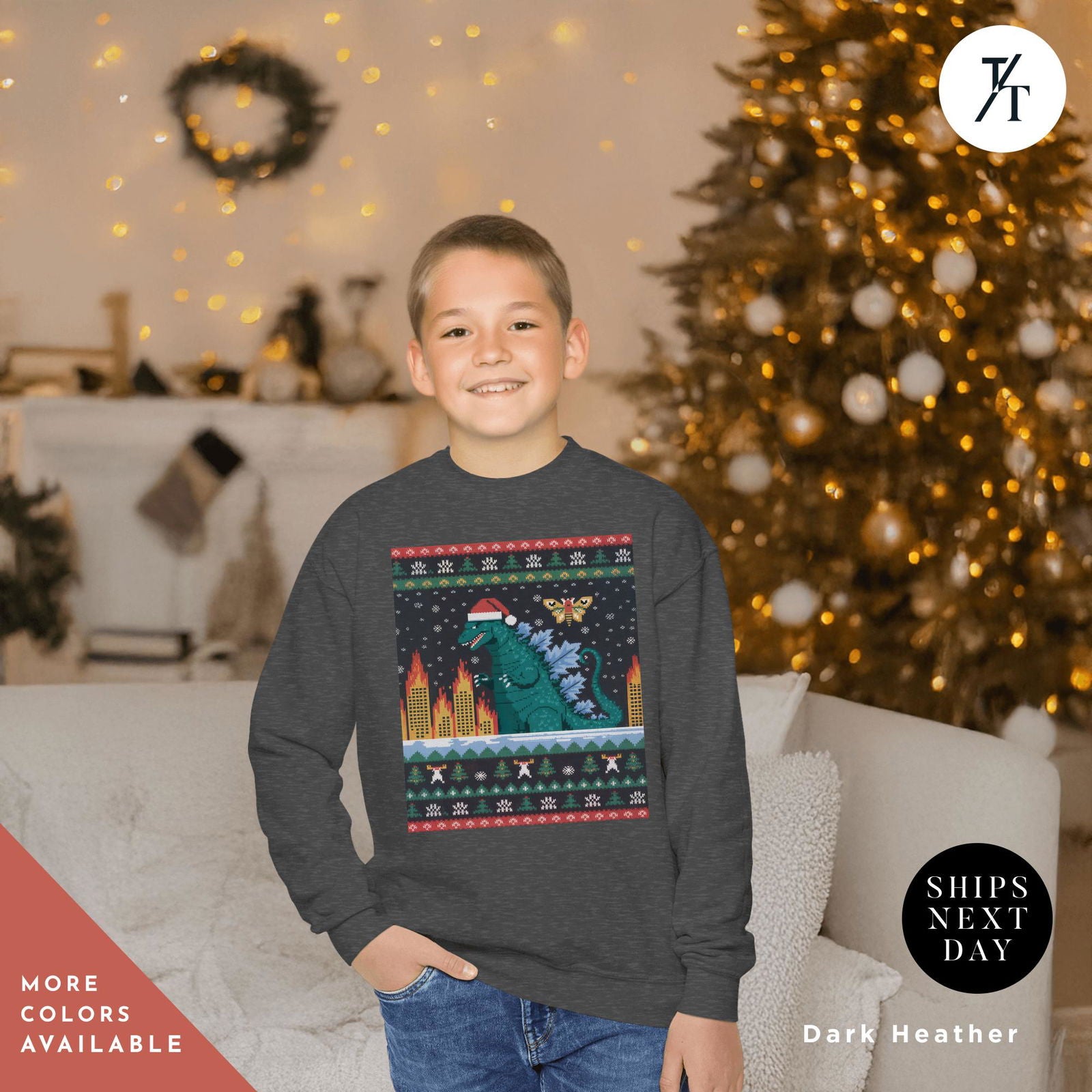 godzilla christmas shirt dinosaur ugly christmas sweater for kids Godzilla Sweatshirt sweater Kaiju Sweatshirt Anime Kids Shirts - Trendy/Timeless Studio