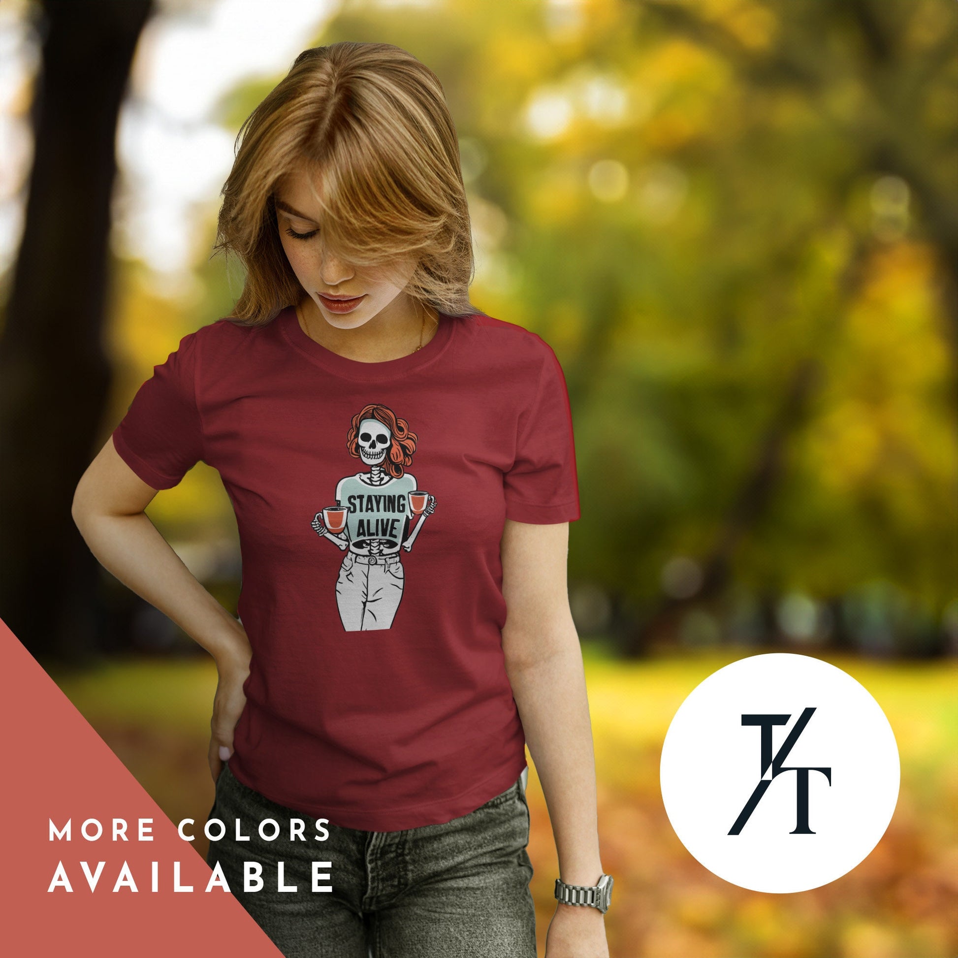 Stay Alive Trendy Coffee Shirt, Funny Skeleton T-Shirt, Coffee Lovers Gift, Skull Vintage, Halloween Tshirt, Women's Funny mom Tee