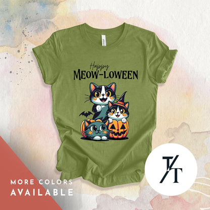 Retro Halloween Cats shirt, Cute 'Happy Meowloween' spooky season black cat lover t-shirt, trendy kitty halloween tee, jack o lanterns