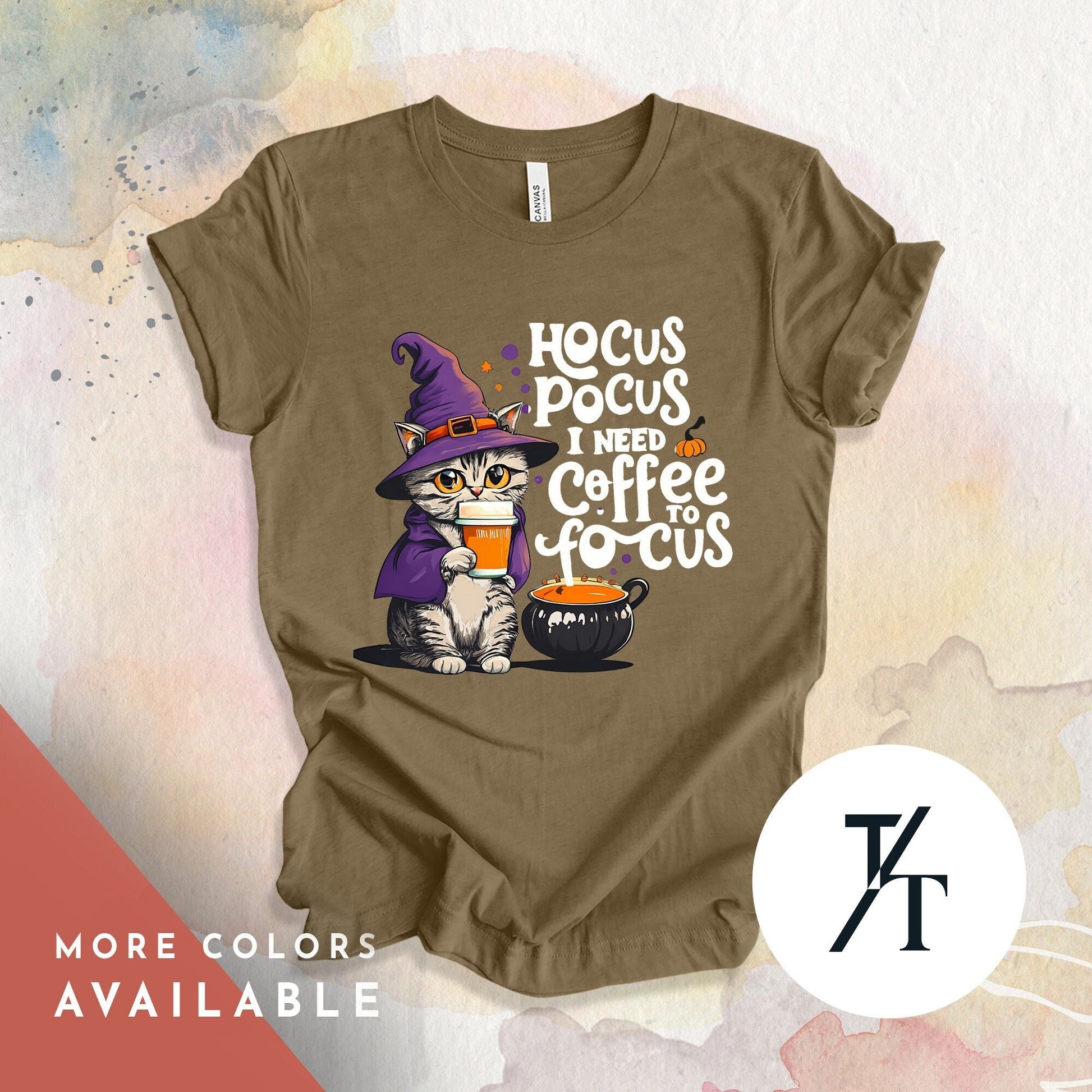 coffee cat in witch hat shirt, halloween Black Cat Lover Gift, Spooky Season Shirt, Witch Hat Black Cats