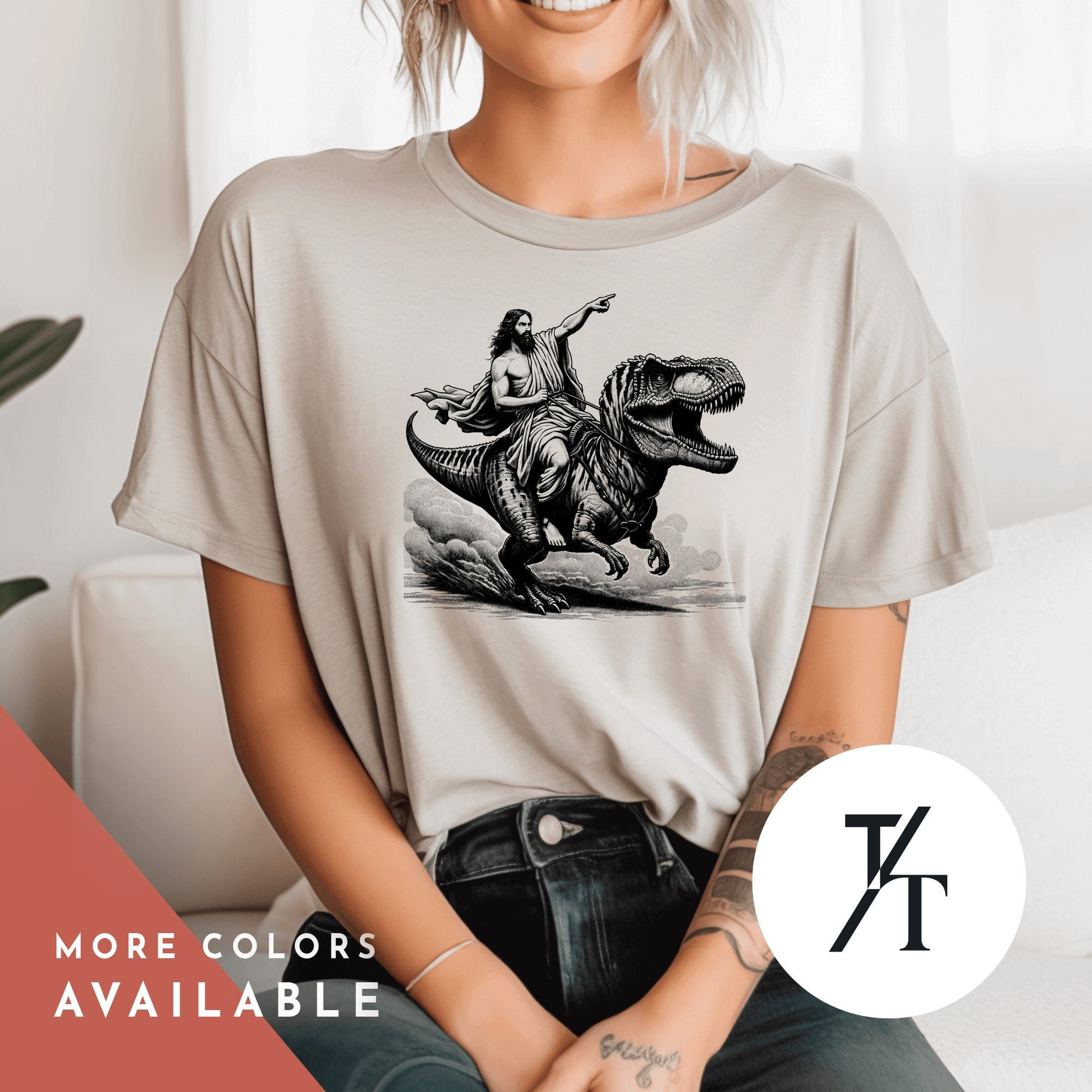 Offensive T Shirts, Jesus Dinosaur Shirt, Jesus On A Dinosaur, Funny Vintage T Shirts, Christian tee, Crazy Shirt For Men