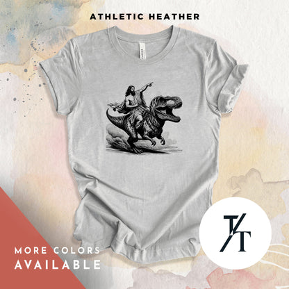 a t - shirt with an image of a man riding a horse