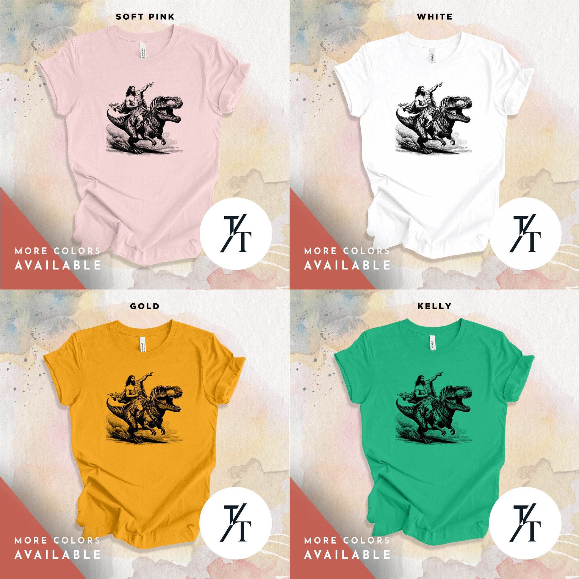 four t - shirts of different colors with a horse and rider on them