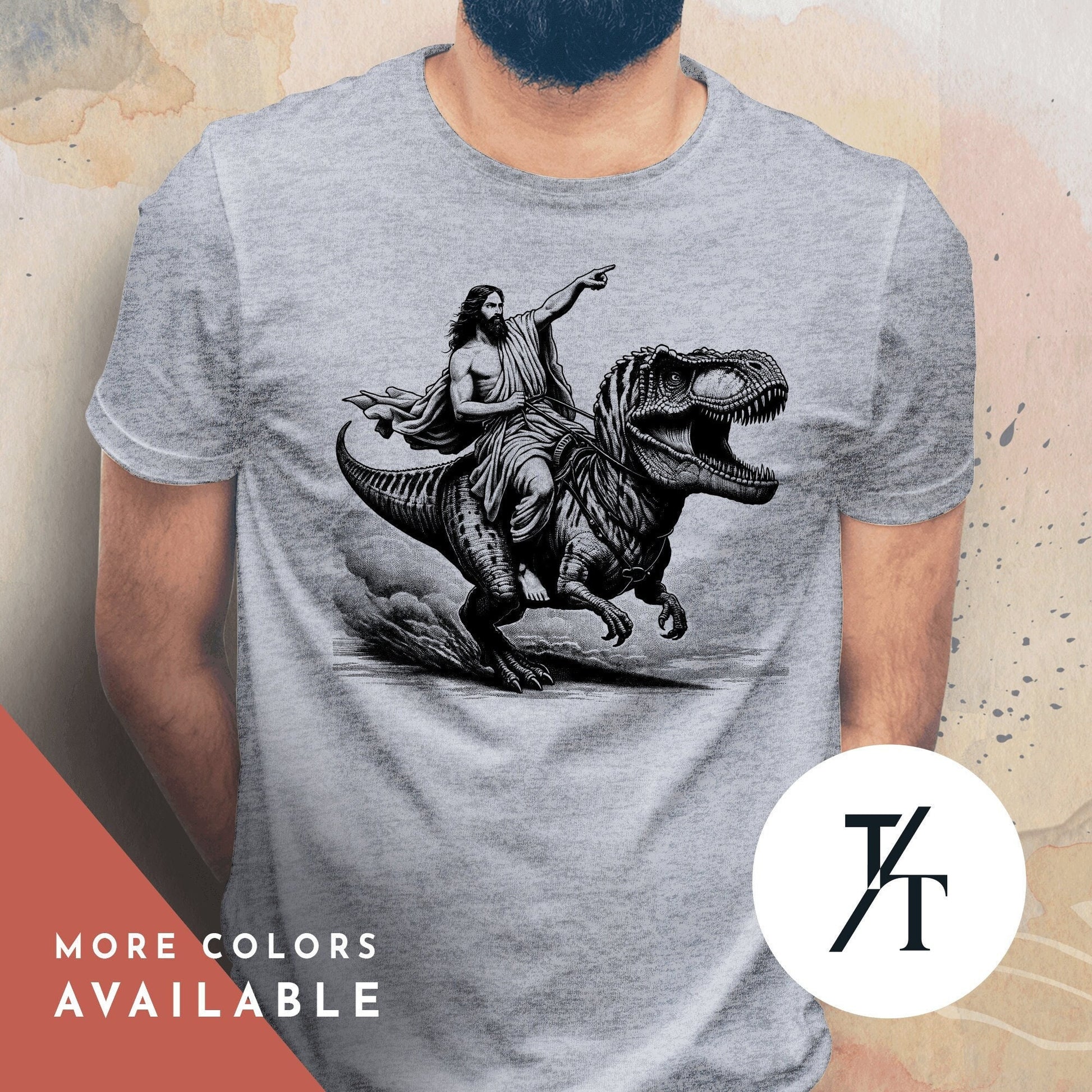 a man wearing a t - shirt with a picture of jesus riding a t -