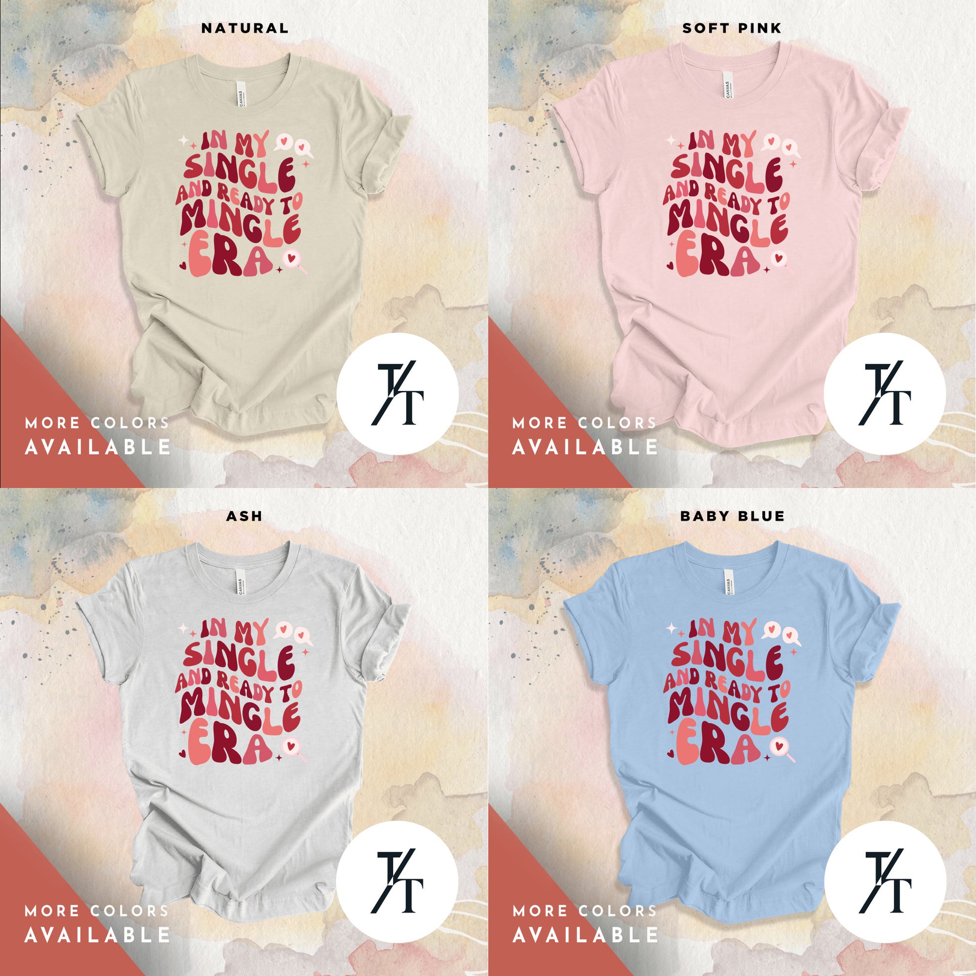 a series of four t - shirts with different font styles
