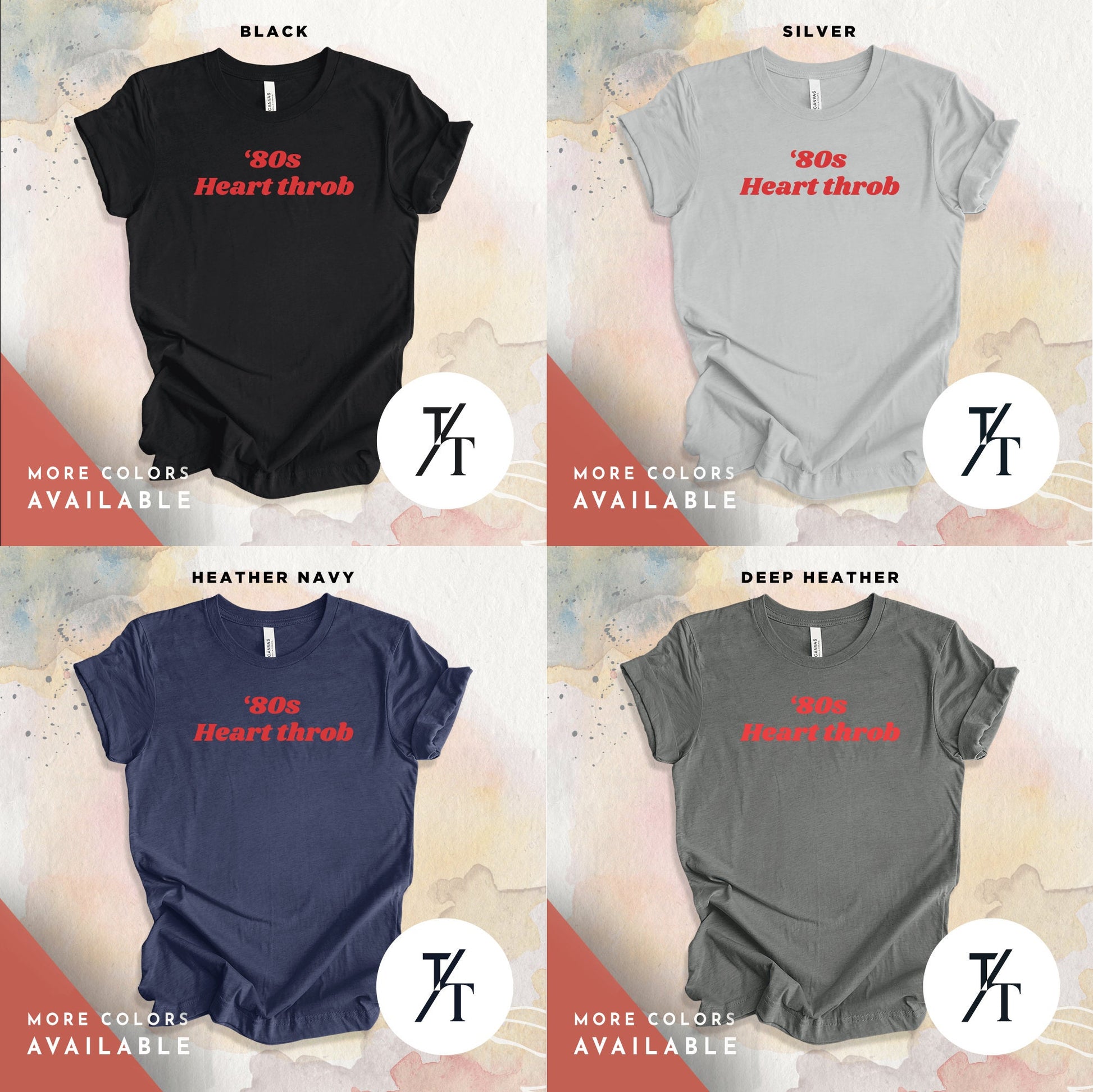 four different t - shirts with different font styles