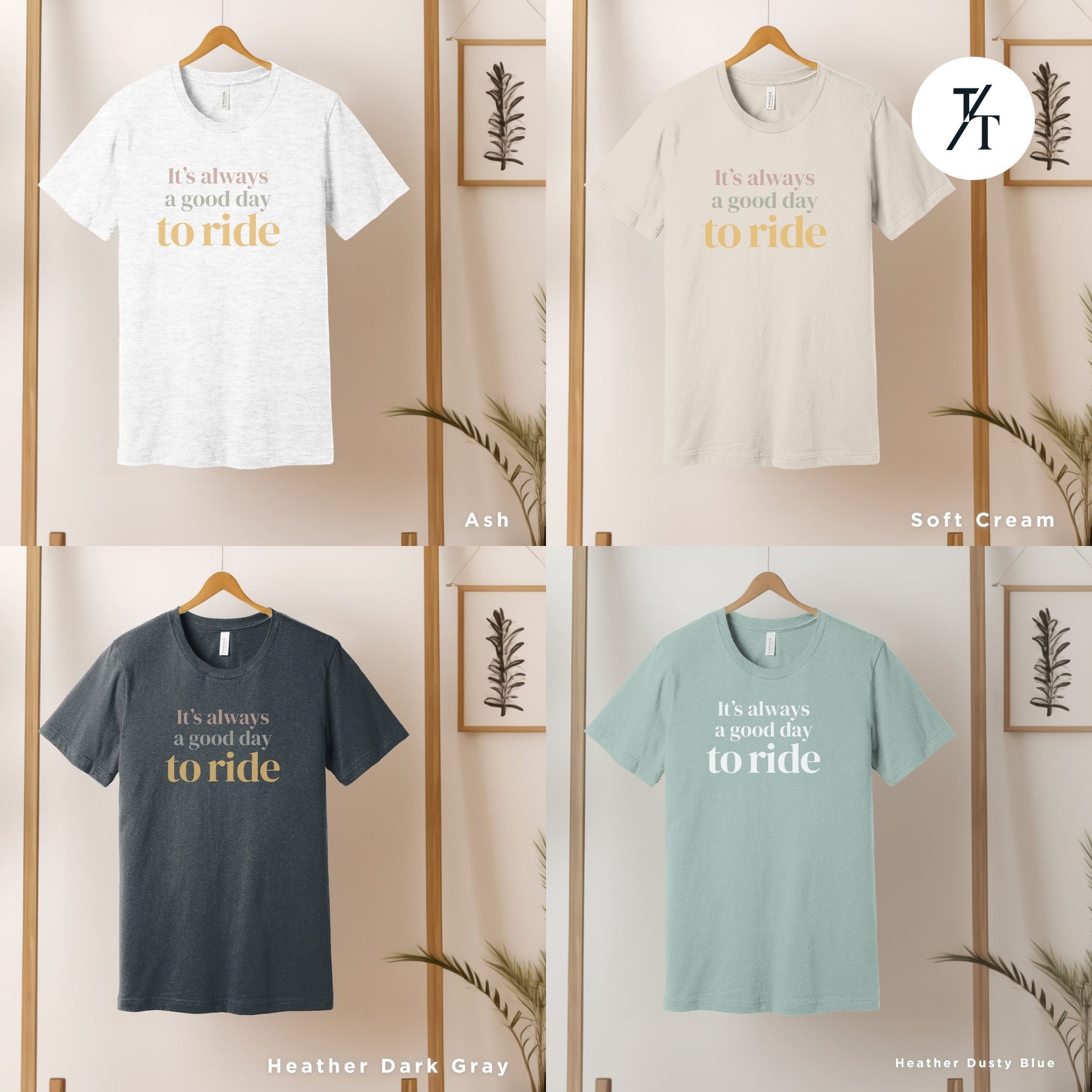 four different t - shirts hanging on a wall