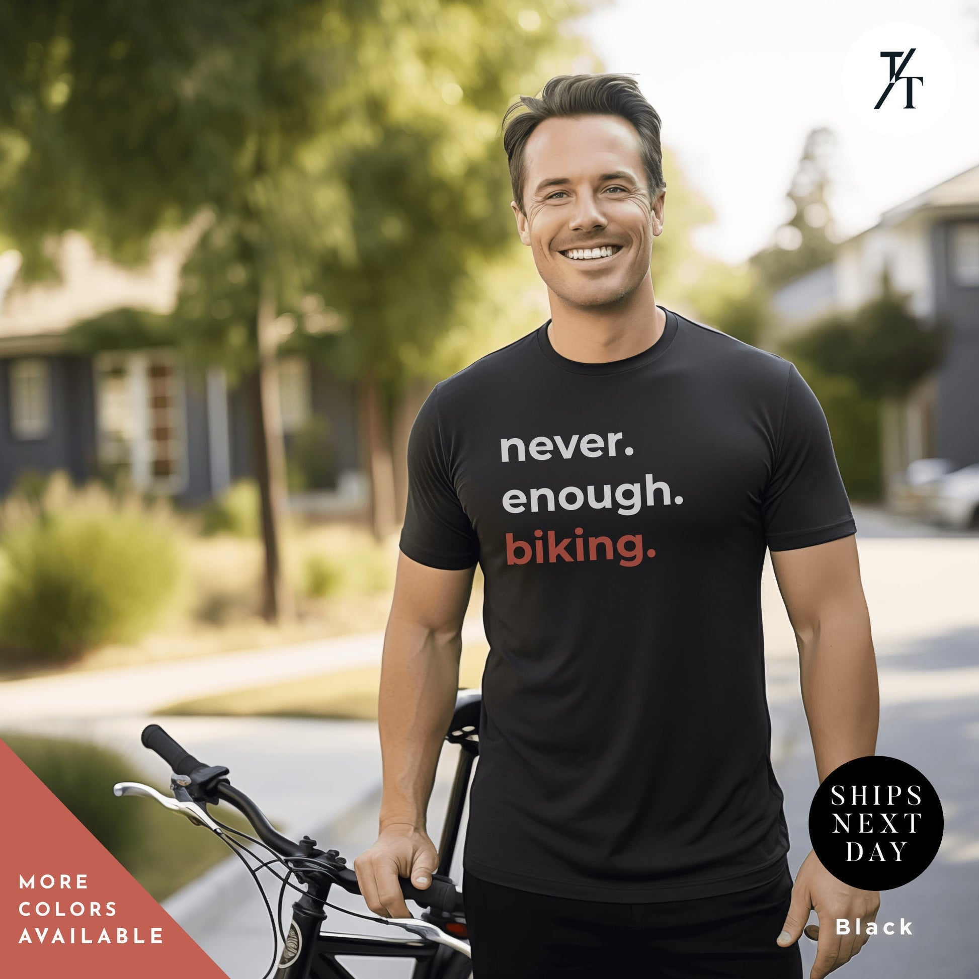 a man standing next to a bike on a street