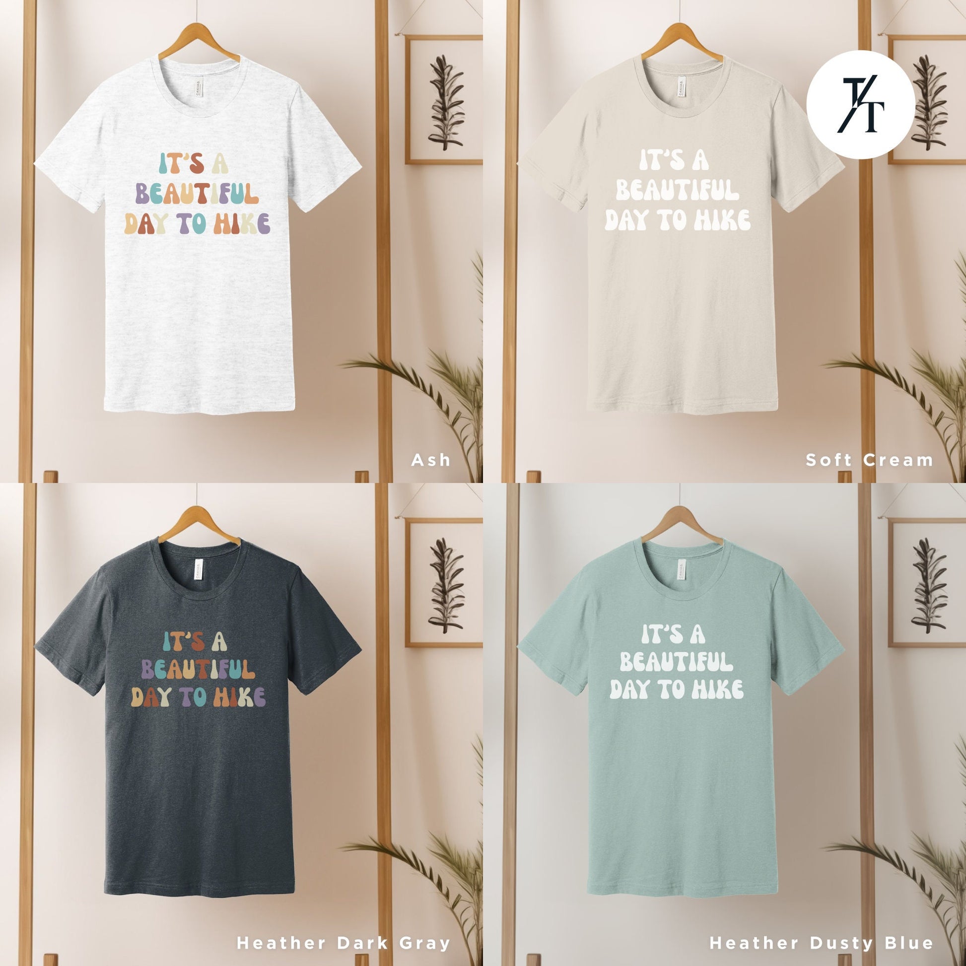 four t - shirts hanging on a wall with the words it&#39;s a beautiful