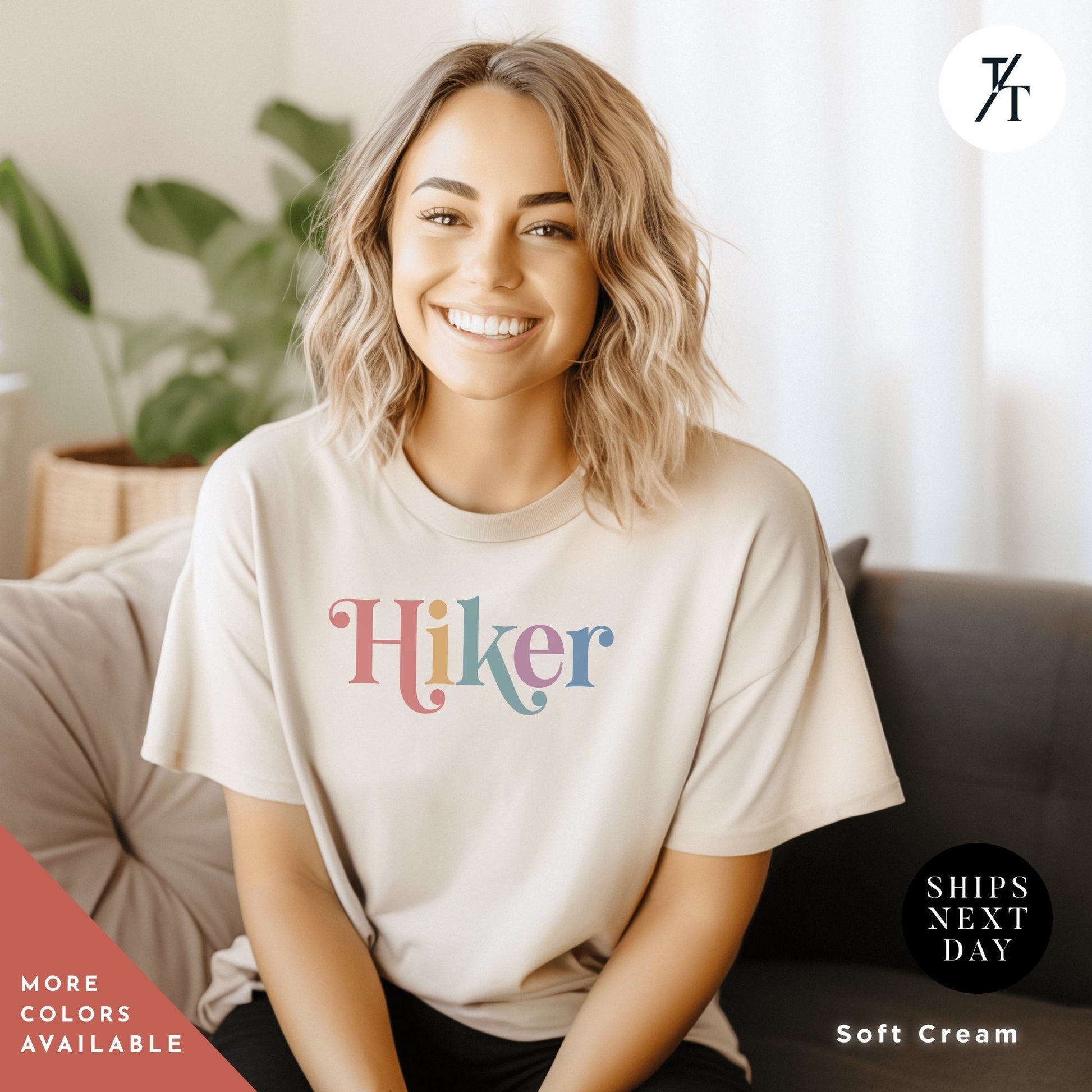 a woman sitting on a couch with a smile on her face Always Hiking Shirt, Hiking Gift, Nature Shirt, Travel tee, Mountain tShirt, Gift For Hiker, Wanderlust t-Shirt, Camping tshirt, hiking tee