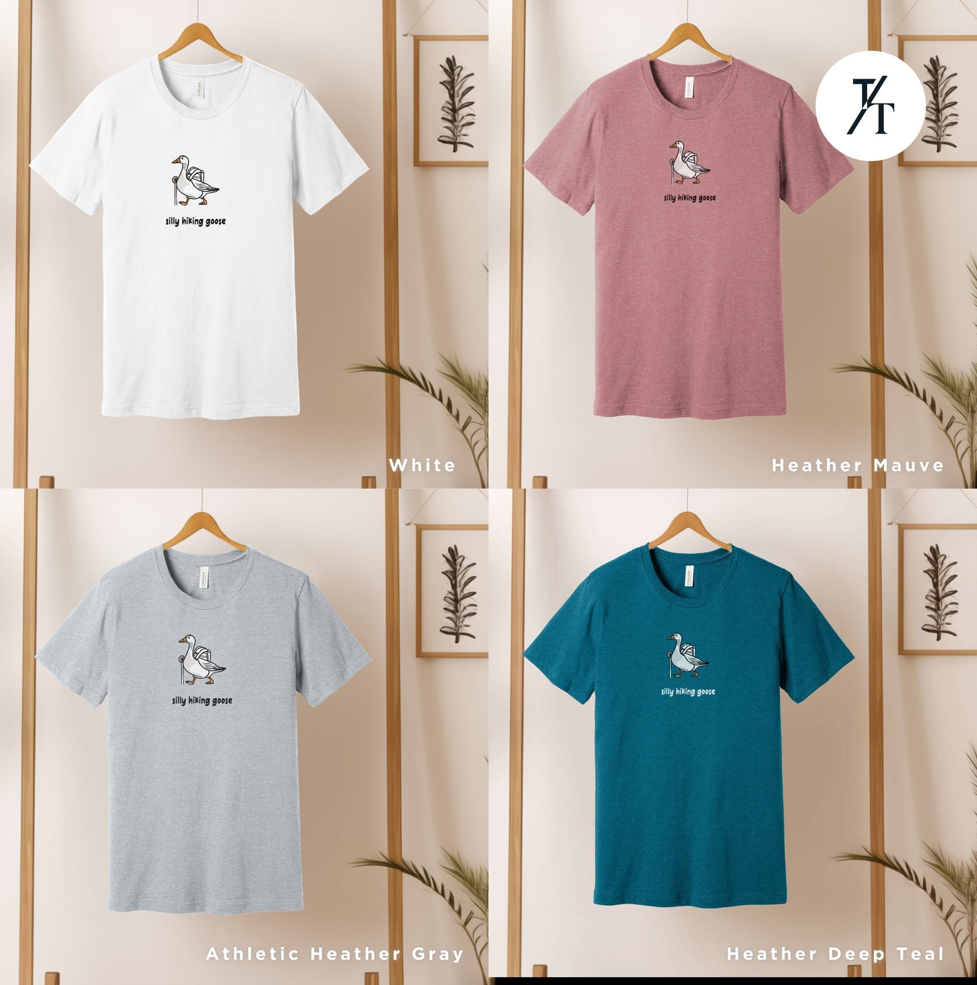 six t - shirts hanging on a wooden rack
