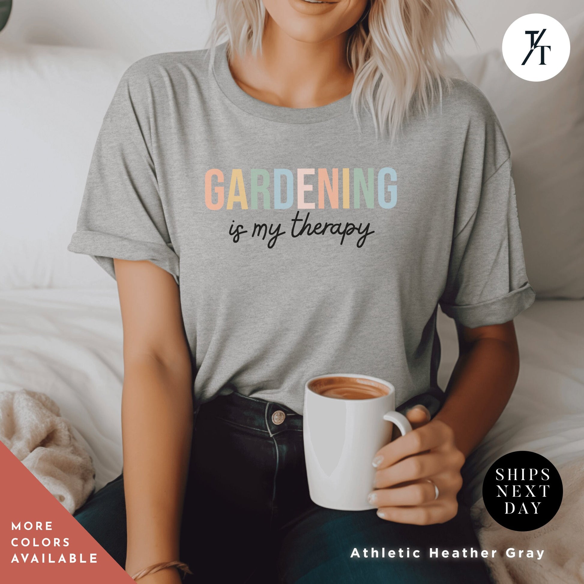 a woman sitting on a bed holding a cup of coffee
