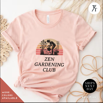 a pink t - shirt with a picture of a man gardening