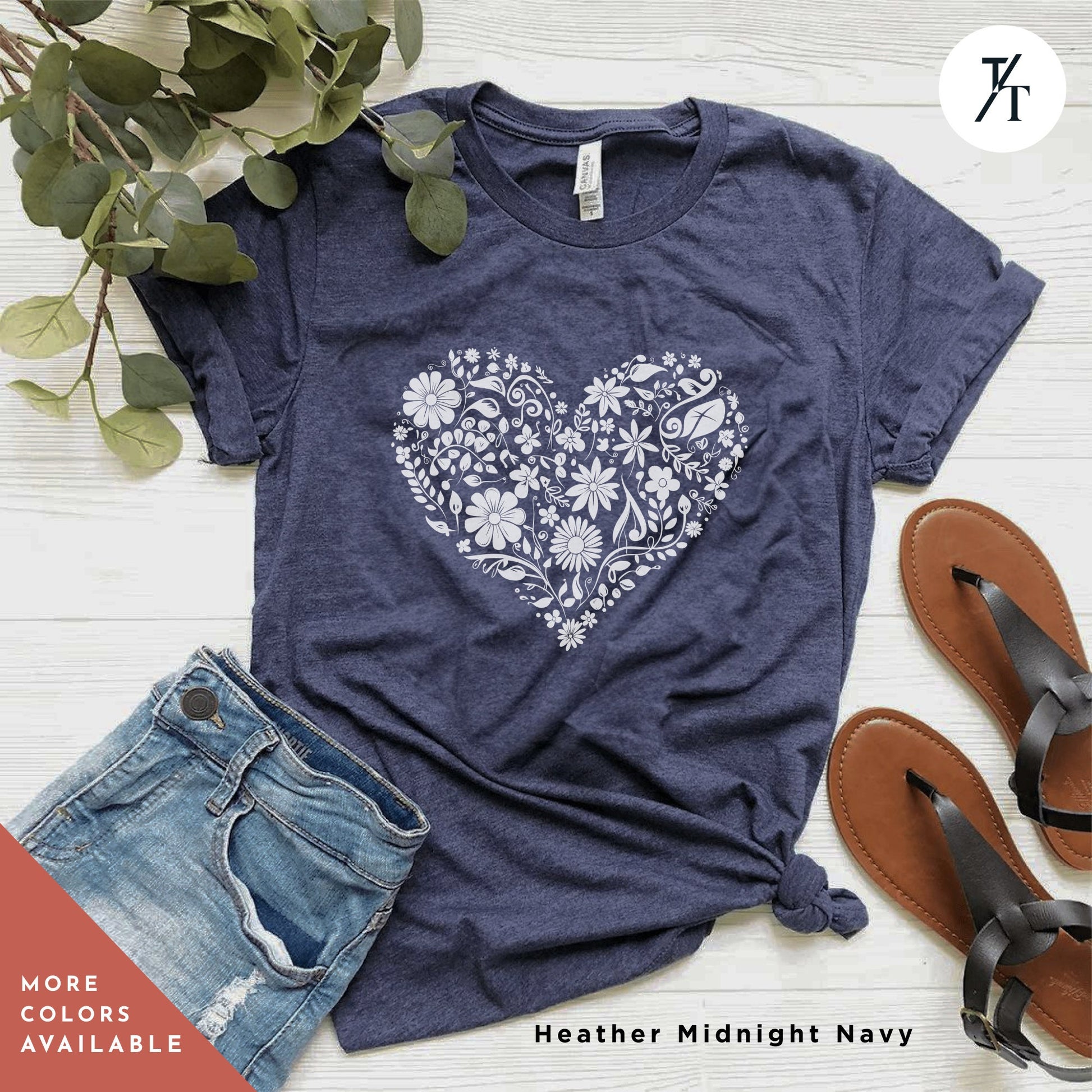 heart with flowers t shirt, Gift For Her, Flower Heart Shirt, Floral Hearts tShirt, Wildflower tee, Botanical Shirts, Flower Hearts TShirt