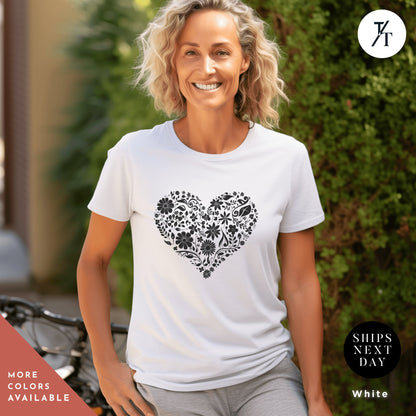 heart with flowers t shirt, Gift For Her, Flower Heart Shirt, Floral Hearts tShirt, Wildflower tee, Botanical Shirts, Flower Hearts TShirt
