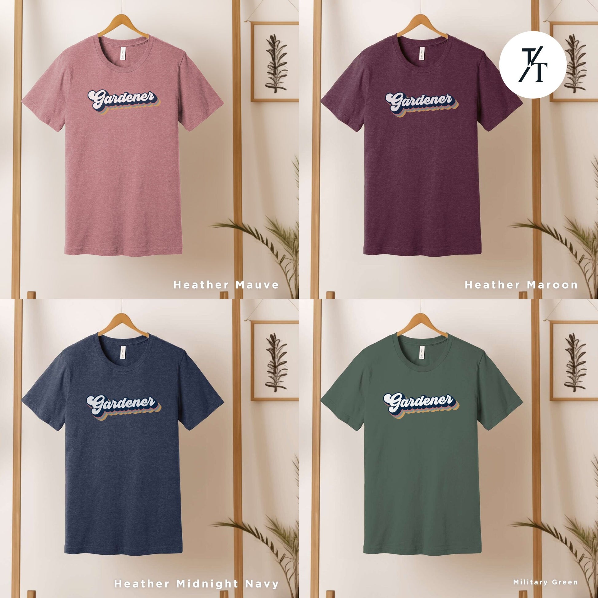 six t - shirts hanging on a wooden rack