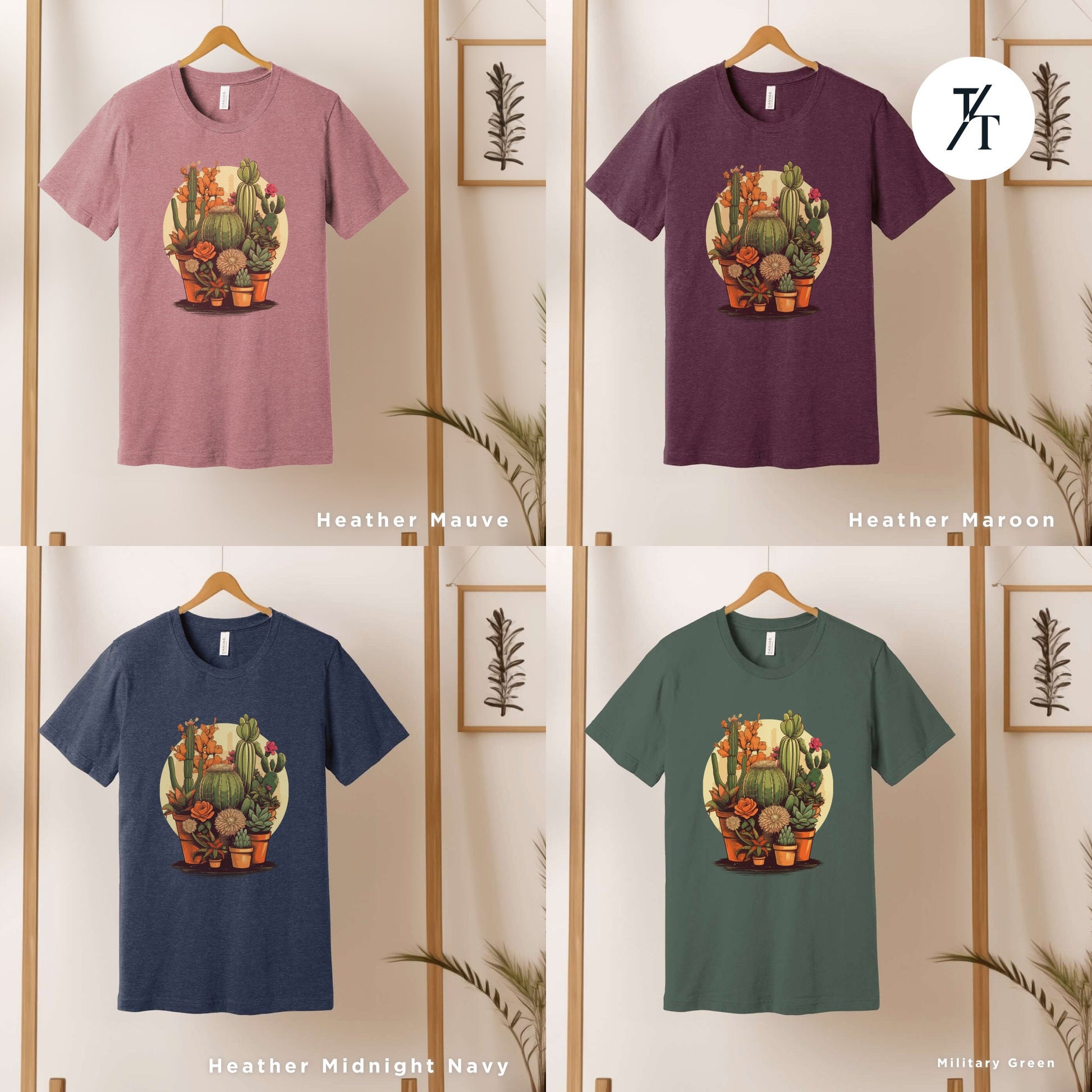 a bunch of t - shirts that are on a rack, with a stylized illustration of numerous potted cactus plants and succulent plants, Unisex Succulent Shirt, Plants Lover Shirt, Crazy Plant Lady, Succulent Plants Tee, Cactus Plant t-Shirt, Ga