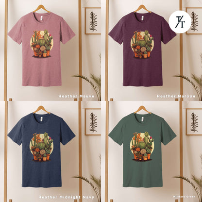 a bunch of t - shirts that are on a rack, with a stylized illustration of numerous potted cactus plants and succulent plants, Unisex Succulent Shirt, Plants Lover Shirt, Crazy Plant Lady, Succulent Plants Tee, Cactus Plant t-Shirt, Ga