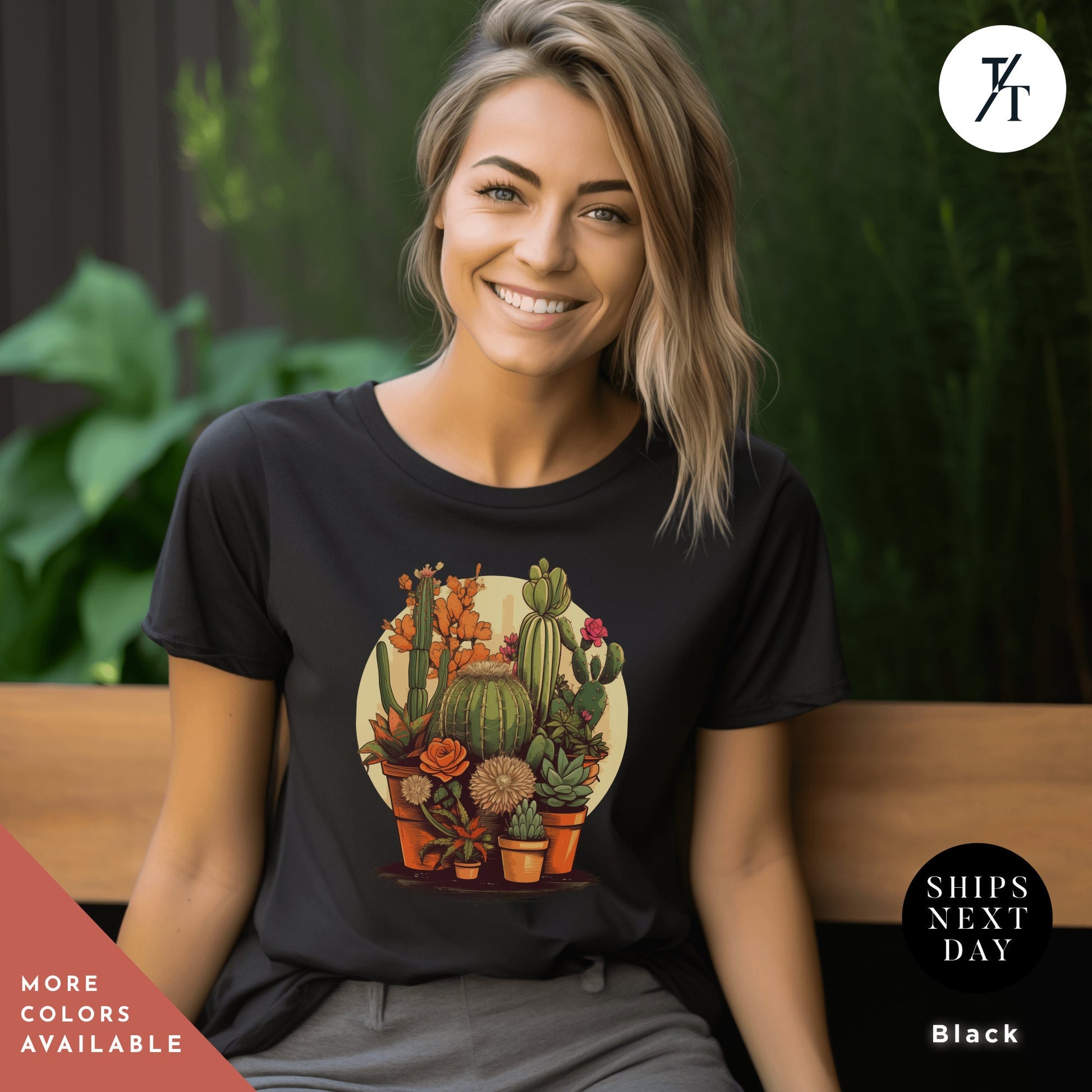 a woman sitting on a bench wearing a t - shirt with a stylized illustration of numerous potted cactus plants and succulent plants, Unisex Succulent Shirt, Plants Lover Shirt, Crazy Plant Lady, Succulent Plants Tee, Cactus Plant t-Shirt, Ga