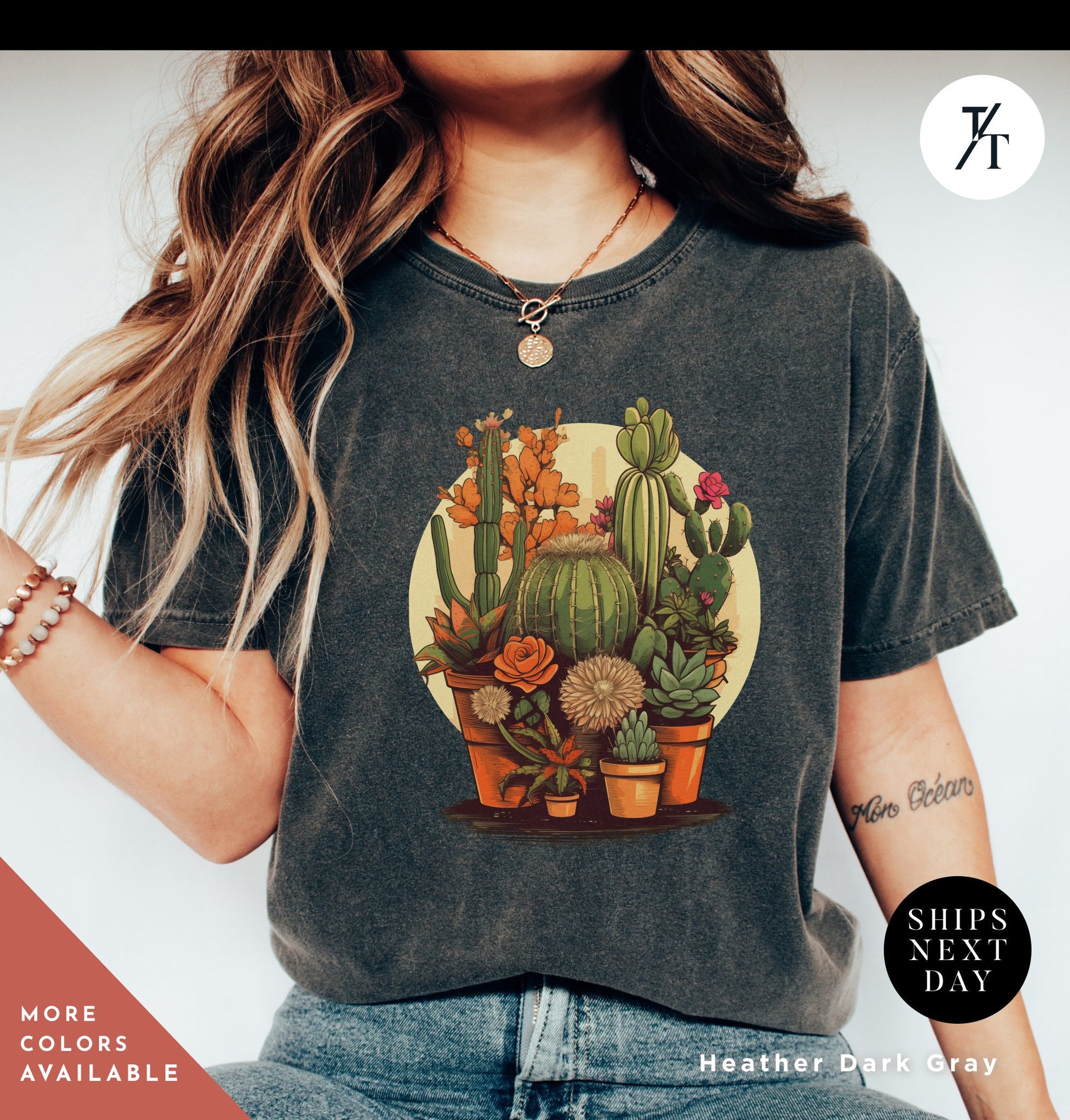 a woman sitting on a couch wearing a t - shirt with a stylized illustration of numerous potted cactus plants and succulent plants, Unisex Succulent Shirt, Plants Lover Shirt, Crazy Plant Lady, Succulent Plants Tee, Cactus Plant t-Shirt, Ga