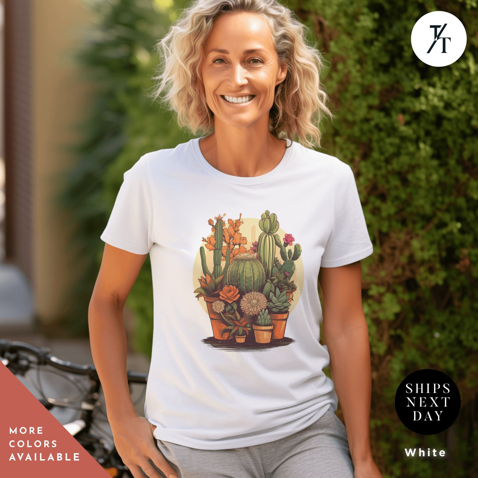 a woman sitting on a couch wearing a t - shirt with a stylized illustration of numerous potted cactus plants and succulent plants, Unisex Succulent Shirt, Plants Lover Shirt, Crazy Plant Lady, Succulent Plants Tee, Cactus Plant t-Shirt, Ga